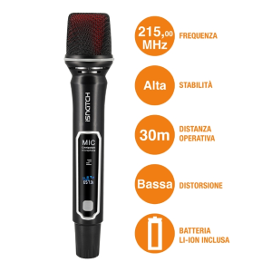 RADIOMICROFONO + RICEVITORE "VHF" 215MHZ Sistema microfonico senza fili VHF con frequenza fissa. Fornito con 1 microfono ad impugnatura. Consigliato per insegnamento, fiere e conferenze in pubblico. Alimentato con batterie ricaricabili (Incluse).