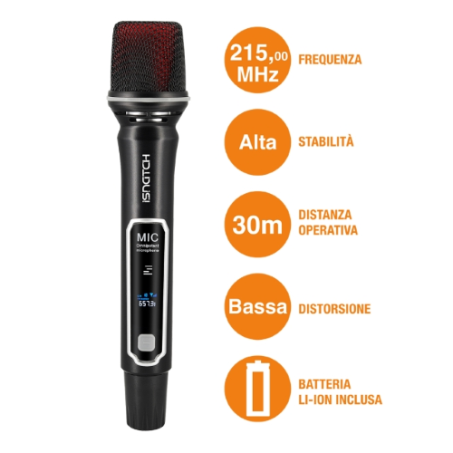 RADIOMICROFONO + RICEVITORE "VHF" 215MHZ Sistema microfonico senza fili VHF con frequenza fissa. Fornito con 1 microfono ad impugnatura. Consigliato per insegnamento, fiere e conferenze in pubblico. Alimentato con batterie ricaricabili (Incluse).