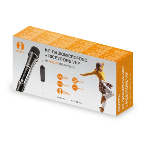 RADIOMICROFONO + RICEVITORE "VHF" 215MHZ Sistema microfonico senza fili VHF con frequenza fissa. Fornito con 1 microfono ad impugnatura. Consigliato per insegnamento, fiere e conferenze in pubblico. Alimentato con batterie ricaricabili (Incluse).