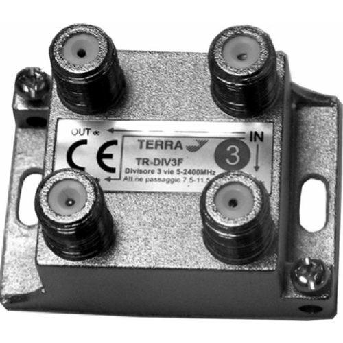 Partitori in pressofusione TV+SAT con connettori F divisore 3 vie TERRA passaggio DC su tutte le uscite.