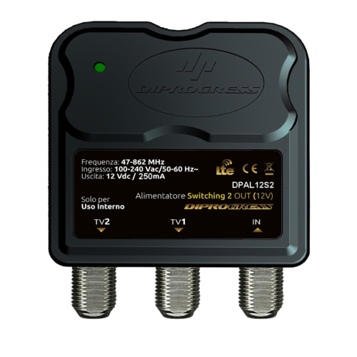 Alimentatore per Antenna TV Switching DiProgress 12VDC 1 ingresso, 2 uscite RF, connettori F Per alimentazione centralini da palo, preamplificatori e antenne amplificate a 12V Corrente massima erogabile: 250mA