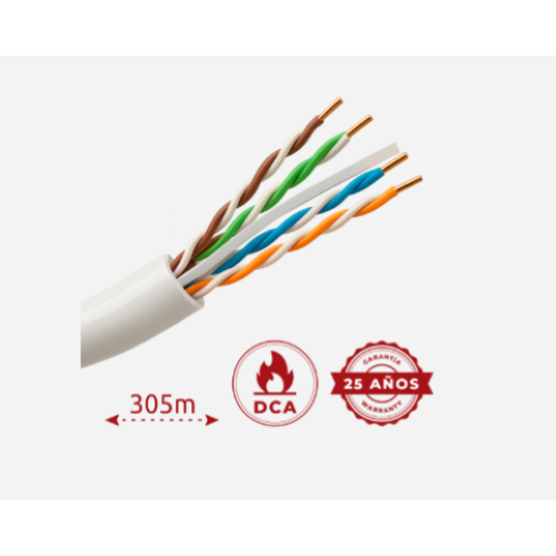 Cavo rigido UTP rigido senza alogeni  Categoria 6  Soddisfa il test Fluke 90m  Conduttore OFC, purezza 99.9% rame  Bobina da 305 metri  Diametro 5.5 mm