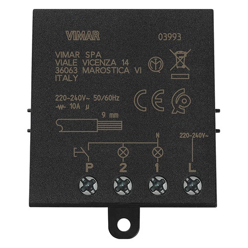 Modulo relé ad imp. 4 sequenze Quid 10A Modulo relè magnetico silenzioso Quid ad impulsi sequenziali ON/OFF, 1 ingresso per pulsante NO, 2 uscite sequenziali a relè NO 10 A 220-240 V~ 50/60 Hz, installazione in scatole di derivazione o portafrutto