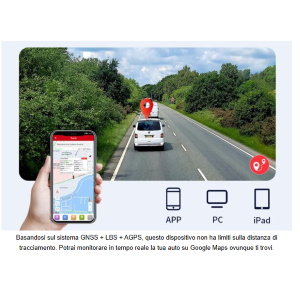Localizzatore GPS con connettività 4G LTE idoneo per uso in auto e personale (ad esempio per escursionisti), dotato di tracciamento in real-time, ascolto ambientale, Geofence, grado di protezione IP65 e base magnetica per il fissaggio. App dedicata per il