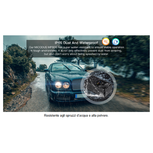 Localizzatore GPS con connettività 4G LTE idoneo per uso in auto e personale (ad esempio per escursionisti), dotato di tracciamento in real-time, ascolto ambientale, Geofence, grado di protezione IP65 e base magnetica per il fissaggio. App dedicata per il