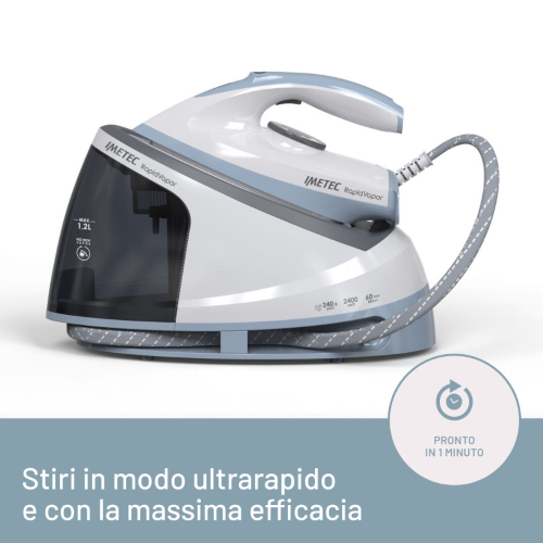 Ferro da Stiro Generatore di Vapore, Piastra Fluid Ceramic a Rapido Riscaldamento, Leggero, Sistema di Pulizia Calc Clean, Colpo Vapore 240 g, 2400 W, 5 Bar Pump, 2400 W, 240 g/min, Ceramica, 5 bar, 1,2 L, Blu, Grigio