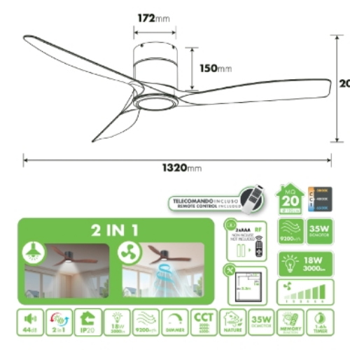 Ventilatore da soffitto con luce ø132 18w 3000lm 3cct nero\legnoscuro