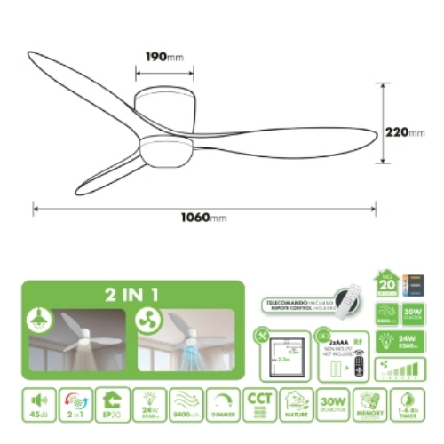 Ventilatore da soffitto con luce ø106 24w 3260lm 3cct bianco