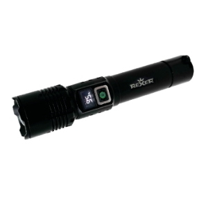 Torcia led ricaricabile in alluminio 10w 500lm nera con display RX5025  in alluminio con battria Li-Ion ricaricabile mediante USB-C e display indicatore di carica. 3 modalità di funzionamento: High, Eco, Flash e funzione Zoom.