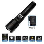 Torcia led ricaricabile in alluminio 10w 500lm nera con display RX5025  in alluminio con battria Li-Ion ricaricabile mediante USB-C e display indicatore di carica. 3 modalità di funzionamento: High, Eco, Flash e funzione Zoom.