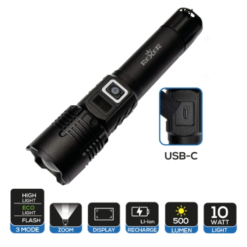 Torcia led ricaricabile in alluminio 10w 500lm nera con display RX5025  in alluminio con battria Li-Ion ricaricabile mediante USB-C e display indicatore di carica. 3 modalità di funzionamento: High, Eco, Flash e funzione Zoom.