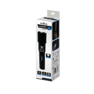 Torcia led ricaricabile in alluminio 10w 500lm nera con display RX5025  in alluminio con battria Li-Ion ricaricabile mediante USB-C e display indicatore di carica. 3 modalità di funzionamento: High, Eco, Flash e funzione Zoom.