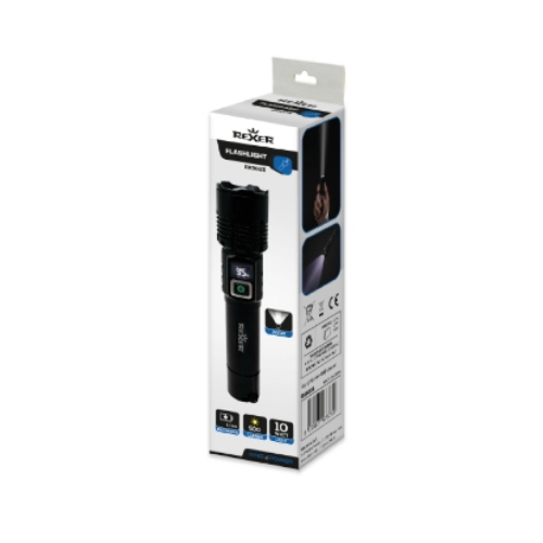Torcia led ricaricabile in alluminio 10w 500lm nera con display RX5025  in alluminio con battria Li-Ion ricaricabile mediante USB-C e display indicatore di carica. 3 modalità di funzionamento: High, Eco, Flash e funzione Zoom.
