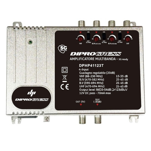 Centralino Amplificatore multibanda per condomini 4 ingressi, Alta Potenza, Uscita 123dBuV, Alto Guadagno, 45dB 4 Ingressi: 1 x VHF, 1 x UHF (ch 21-48), 1 x B.IV (ch 21-34), 1 x B.V (ch 36-48) con filtro LTE 5G integrato