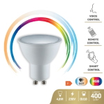 Faretto Smart Wi-Fi LED GU10 4,8W RGB + CCT gestibile da app HeySmart per iOS e Android. Compatibile con controllo vocale Amazon Alexa e Google Home. Compatibile con telecomando RGB e CCT HeyColor+ (non incluso). 