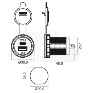 Doppia presa usb da pannello Caricatore con due uscite, USB tipo "A" e USB tipo "C" 5Vdc 3A Max. - Ingresso 9-36V