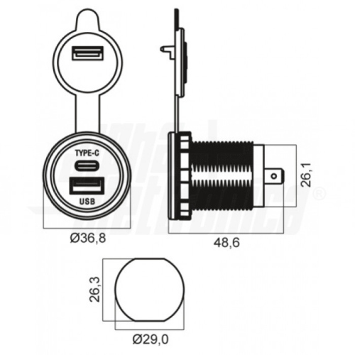 Doppia presa usb da pannello Caricatore con due uscite, USB tipo "A" e USB tipo "C" 5Vdc 3A Max. - Ingresso 9-36V