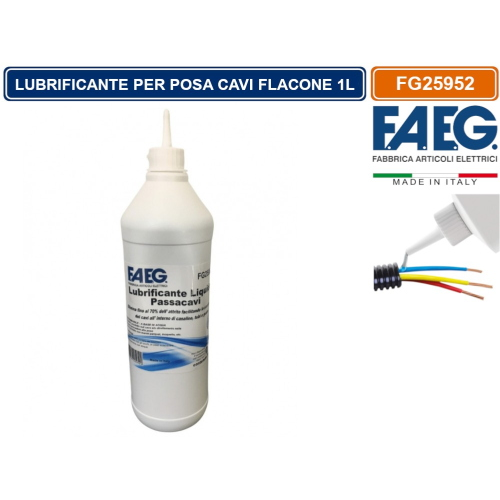 Lubrificante liquido passacavi in grado di eliminare fino al 70% dell'attrito facilitando lo scorrimento dei cavi all'interno di canaline, tubi e guaine FAEG FG25952, MADE IN ITALY