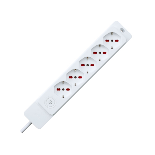 Multipresa con 5 prese bipasso/schuko 10/16A, con cavo 1,5MT Spiana 90°  , con interruttore 2 Poli , bianco, serie Emilia Specialist - Rosi RS8512B Potenza MAX Prelevabile 3880W
